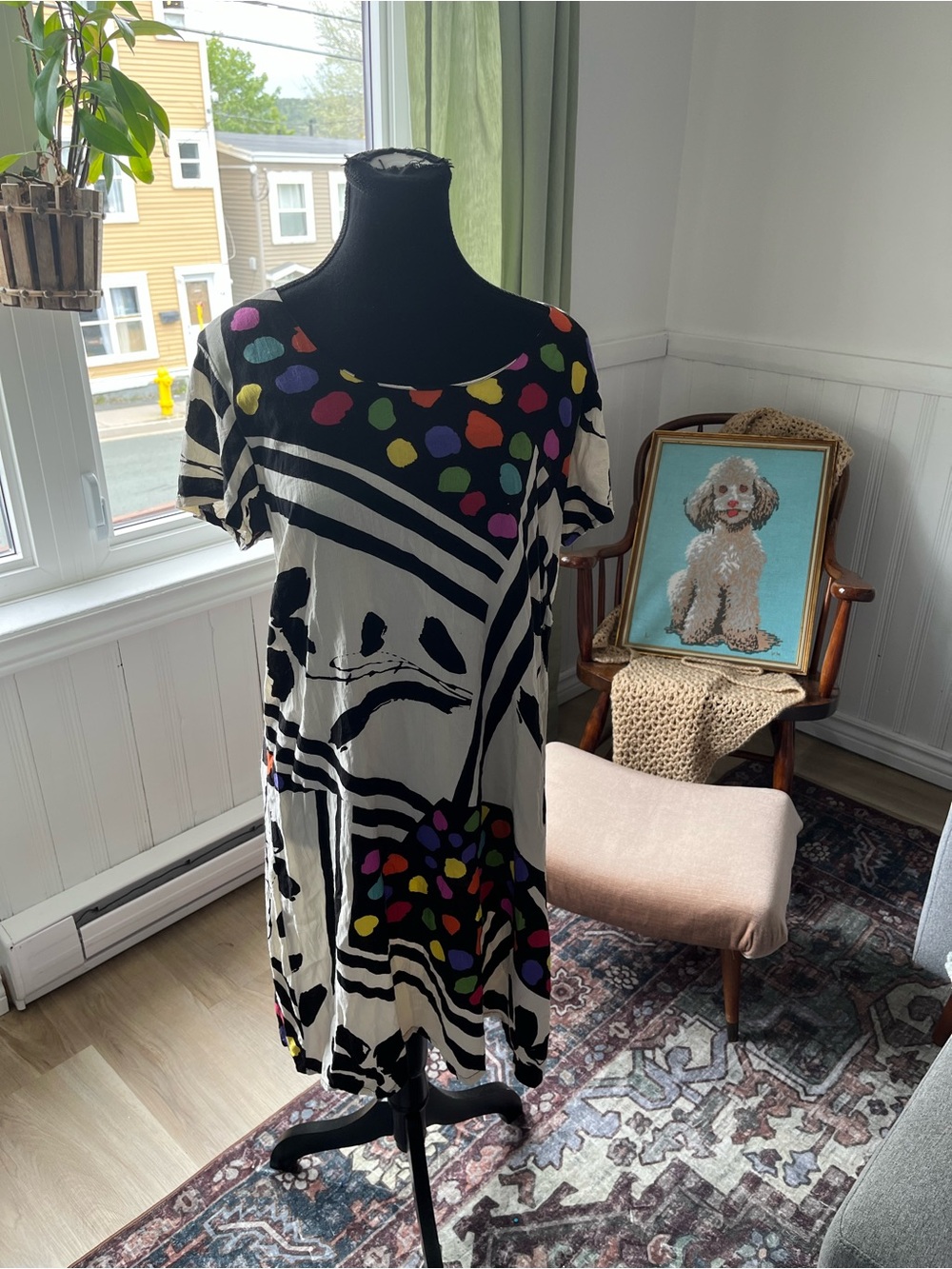 Womens Vintage Black & White Short Sleeve Printed Dress L
